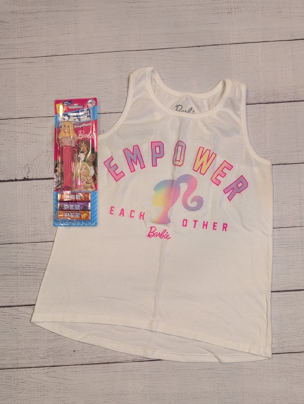 Barbie White Tank Top with Pink 'EMPOWER' and Rainbow Silhouette